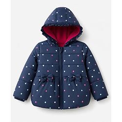 Babyhug Woven Full Sleeves Hooded Padded Winter Jacket With Polka Dots Print & Bow Applique - Navy Blue