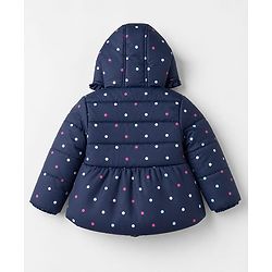 Babyhug Woven Full Sleeves Hooded Padded Winter Jacket With Polka Dots Print & Bow Applique - Navy Blue