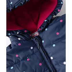 Babyhug Woven Full Sleeves Hooded Padded Winter Jacket With Polka Dots Print & Bow Applique - Navy Blue
