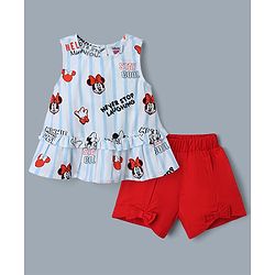 Babyhug Disney Cotton Woven Sleeveless Top and Shorts With Minnie Mouse Graphics - Light Blue & Red
