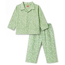 Babyhug Cotton Knit Full Sleeves Shirt & Pyjama Co-Ord Night Suit With Dino Print - Teal Blue