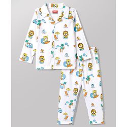 Babyhug 100% Cotton Knit Full Sleeves Front Open Cub Printed Co-Ords Shirt & Pyjama Night Suit -White