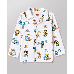 Babyhug 100% Cotton Knit Full Sleeves Front Open Cub Printed Co-Ords Shirt & Pyjama Night Suit -White