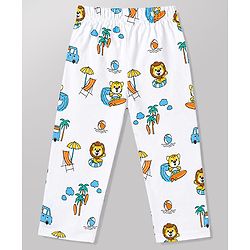 Babyhug 100% Cotton Knit Full Sleeves Front Open Cub Printed Co-Ords Shirt & Pyjama Night Suit -White
