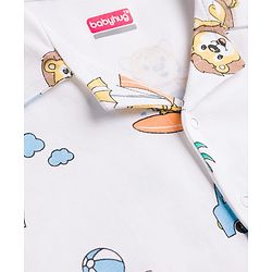 Babyhug 100% Cotton Knit Full Sleeves Front Open Cub Printed Co-Ords Shirt & Pyjama Night Suit -White