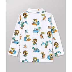Babyhug 100% Cotton Knit Full Sleeves Front Open Cub Printed Co-Ords Shirt & Pyjama Night Suit -White