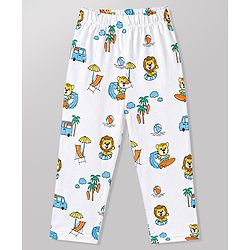 Babyhug 100% Cotton Knit Full Sleeves Front Open Cub Printed Co-Ords Shirt & Pyjama Night Suit -White