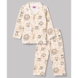 Babyhug 100% Cotton Knit Full Sleeves Front Open Lion Face Printed Co-Ords Shirt & Pyjama Night Suit -White