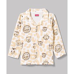 Babyhug 100% Cotton Knit Full Sleeves Front Open Lion Face Printed Co-Ords Shirt & Pyjama Night Suit -White