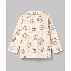 Babyhug 100% Cotton Knit Full Sleeves Front Open Lion Face Printed Co-Ords Shirt & Pyjama Night Suit -White