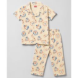 Babyhug 100% Cotton Knit Half Sleeves Shirt & Pyjama Co-Ord Night Suit With Animal Print - Brown