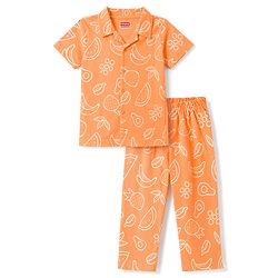 Babyhug 100% Cotton Knit Half Sleeves Shirt & Pyjama Co-Ord Night Suit With Tropical Print - Orange