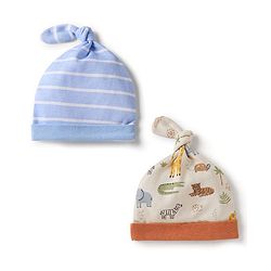 Babyhug 100% Cotton Interlock Knit Stripped Cap with Jungle Theme Print Blue & White Pack of 2 - Diameter 16 cm
