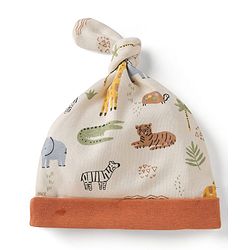 Babyhug 100% Cotton Interlock Knit Stripped Cap with Jungle Theme Print Blue & White Pack of 2 - Diameter 16 cm