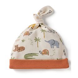 Babyhug 100% Cotton Interlock Knit Stripped Cap with Jungle Theme Print Blue & White Pack of 2 - Diameter 16 cm