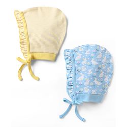 Babyhug 100% Cotton Interlock Baby Caps with Floral & Animal Print Pack of 2 in Blue Diameter - 12