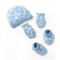 Babyhug 100% Cotton Interlock Knit Cap, Mittens & Booties with Floral Bunny Print Light Blue - Diameter 10 cm
