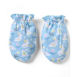 Babyhug 100% Cotton Interlock Knit Cap, Mittens & Booties with Floral Bunny Print Light Blue - Diameter 10 cm