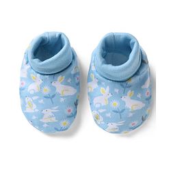 Babyhug 100% Cotton Interlock Knit Cap, Mittens & Booties with Floral Bunny Print Light Blue - Diameter 10 cm