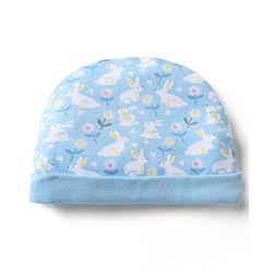 Babyhug 100% Cotton Interlock Knit Cap, Mittens & Booties with Floral Bunny Print Light Blue - Diameter 10 cm