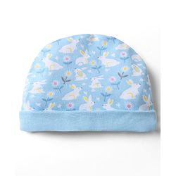 Babyhug 100% Cotton Interlock Knit Cap, Mittens & Booties with Floral Bunny Print Light Blue - Diameter 10 cm