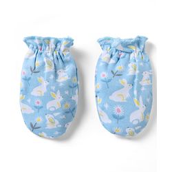 Babyhug 100% Cotton Interlock Knit Cap, Mittens & Booties with Floral Bunny Print Light Blue - Diameter 10 cm