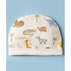 Babyhug 100% Cotton Interlock Knit Cap Mittens & Booties With Jungle Theme Print White - Diameter 11.5 cm