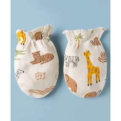 Babyhug 100% Cotton Interlock Knit Cap Mittens & Booties With Jungle Theme Print White - Diameter 11.5 cm