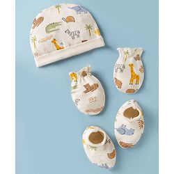 Babyhug 100% Cotton Interlock Knit Cap Mittens & Booties With Jungle Theme Print White - Diameter 11.5 cm