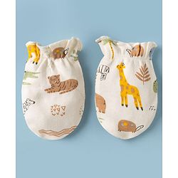 Babyhug 100% Cotton Interlock Knit Cap Mittens & Booties With Jungle Theme Print White - Diameter 11.5 cm
