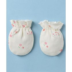 Babyhug 100% Cotton Interlock Knit Cap, Mitten & Booties With Floral Print In White - Diameter 10.5 cm