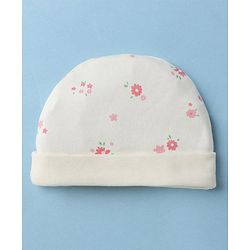 Babyhug 100% Cotton Interlock Knit Cap, Mitten & Booties With Floral Print In White - Diameter 10.5 cm