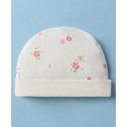 Babyhug 100% Cotton Interlock Knit Cap, Mitten & Booties With Floral Print In White - Diameter 10.5 cm
