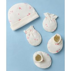 Babyhug 100% Cotton Interlock Knit Cap, Mitten & Booties With Floral Print In White - Diameter 10.5 cm