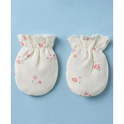 Babyhug 100% Cotton Interlock Knit Cap, Mitten & Booties With Floral Print In White - Diameter 10.5 cm