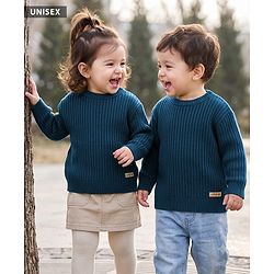 Babyhug Knit Full Sleeves Striped Pullover With Patch - Navy Blue