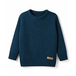 Babyhug Knit Full Sleeves Striped Pullover With Patch - Navy Blue