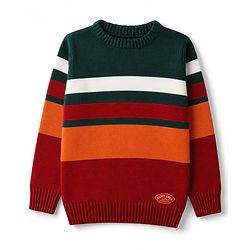Babyhug Knit Full Sleeves Striped Pullover Sweater With Patch - Red