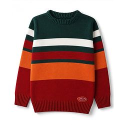 Babyhug Knit Full Sleeves Striped Pullover Sweater With Patch - Red