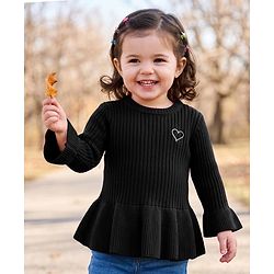 Babyhug Knit Full Sleeves Hearts Embroidered Pullover Sweater - Black