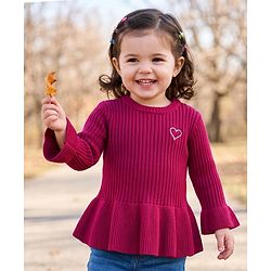 Babyhug Knit Full Sleeves Pullover with Heart Embroidery -  Maroon