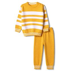 Babyhug Knit Full Sleeves Striped Sweater Set - Yellow