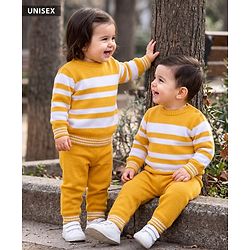 Babyhug Knit Full Sleeves Striped Sweater Set - Yellow
