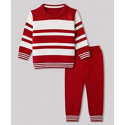 Babyhug Knit Full Sleeves Stripped Sweater Set - Red