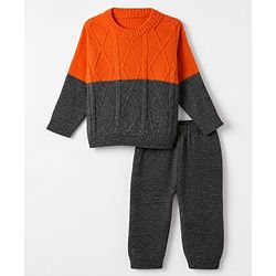 Babyhug Knit Full Sleeves Color Block Sweater Set - Orange Grey