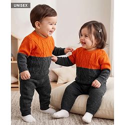 Babyhug Knit Full Sleeves Color Block Sweater Set - Orange Grey