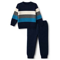 Babyhug Knit Full Sleeves Striped Sweater Set - Navy Blue, White & Blue