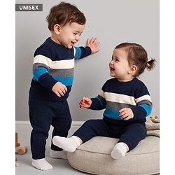 Babyhug Knit Full Sleeves Striped Sweater Set - Navy Blue, White & Blue