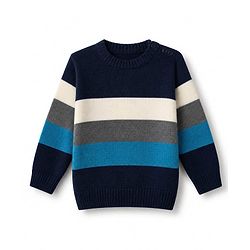Babyhug Knit Full Sleeves Striped Sweater Set - Navy Blue, White & Blue