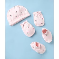 Babyhug 100% Cotton Interlock Knit Cap, Mittens & Booties with Floral Print in Pink - Diameter 15 cm